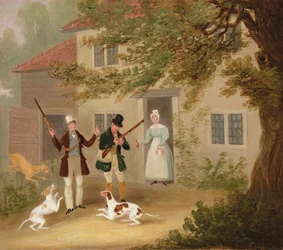 Zwei Jäger mit ihren Hunden, die von einem Cottage aufbrechen, ca. 1830
